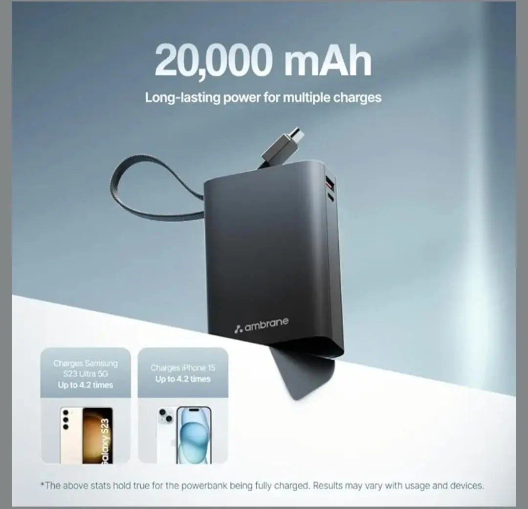 Ambrane 20,000 mAh Power Bank with Built-in USB-C Cable Ambrane